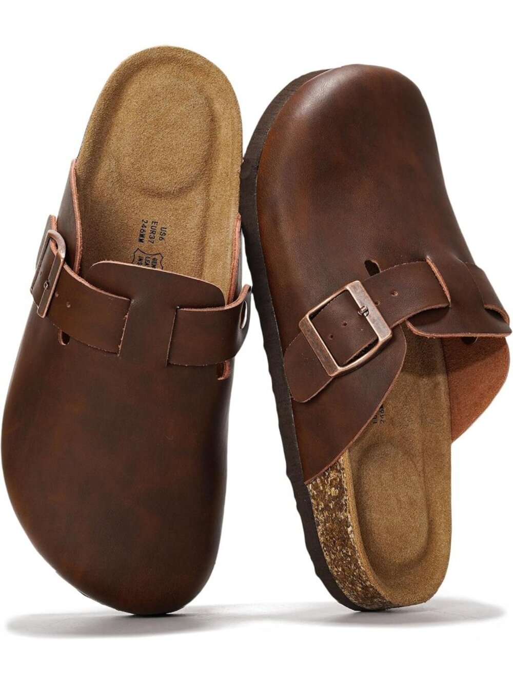 🆕Women's Dark Brown Leather Slip-ons Footbed Clogs Memory Foam Sandals Casual